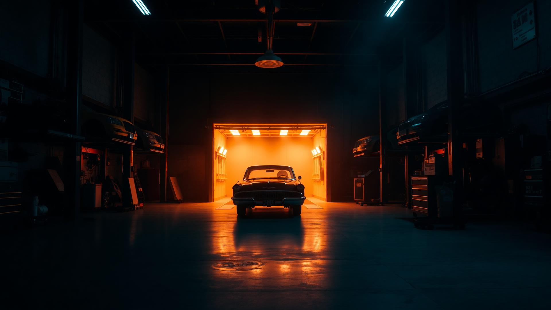 The 10,000 square foot Livonia Auto Works shop floor with paint booth glowing at night